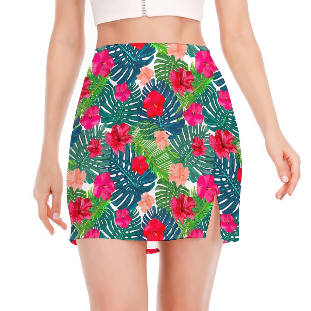 Colorful Hawaii Floral Pattern Print Side Slit Mini Skirt