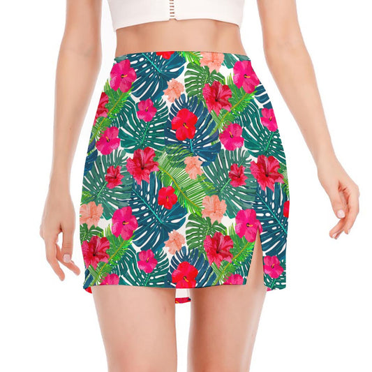 Colorful Hawaii Floral Pattern Print Side Slit Mini Skirt