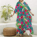 Colorful Hawaii Floral Pattern Print Silk V-Neck Kaftan Dress