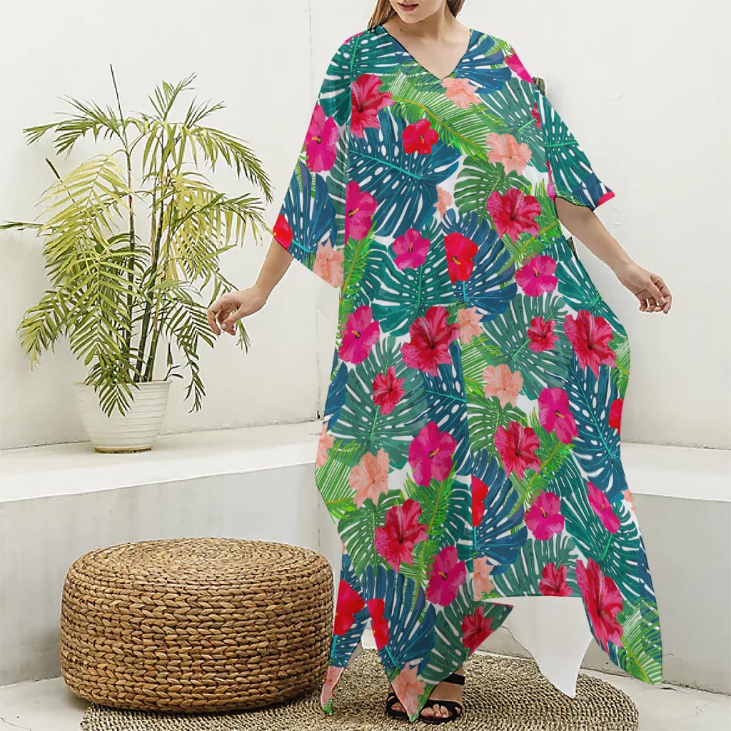 Colorful Hawaii Floral Pattern Print Silk V-Neck Kaftan Dress
