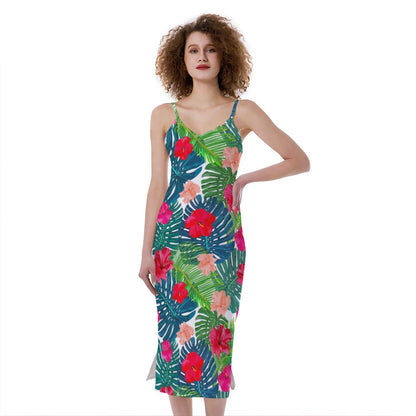 Colorful Hawaii Floral Pattern Print Slim Fit Midi Cami Dress