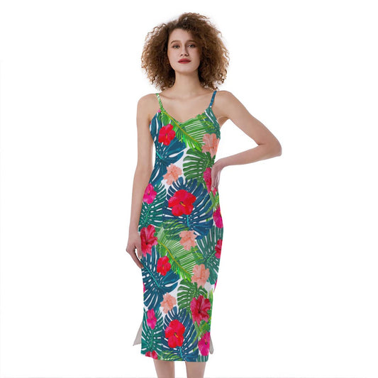 Colorful Hawaii Floral Pattern Print Slim Fit Midi Cami Dress
