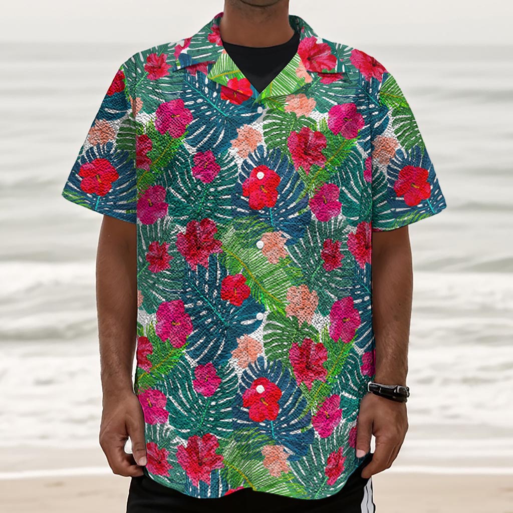 Colorful Hawaii Floral Pattern Print Textured Short Sleeve Shirt