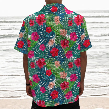 Colorful Hawaii Floral Pattern Print Textured Short Sleeve Shirt