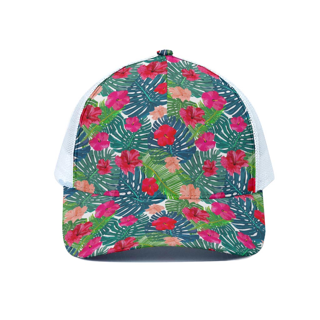 Colorful Hawaii Floral Pattern Print White Mesh Trucker Cap