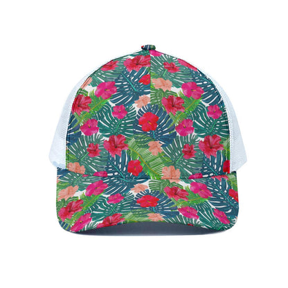 Colorful Hawaii Floral Pattern Print White Mesh Trucker Cap