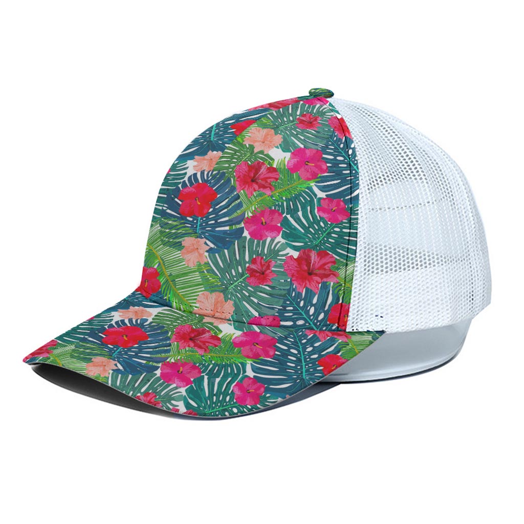 Colorful Hawaii Floral Pattern Print White Mesh Trucker Cap