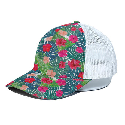 Colorful Hawaii Floral Pattern Print White Mesh Trucker Cap