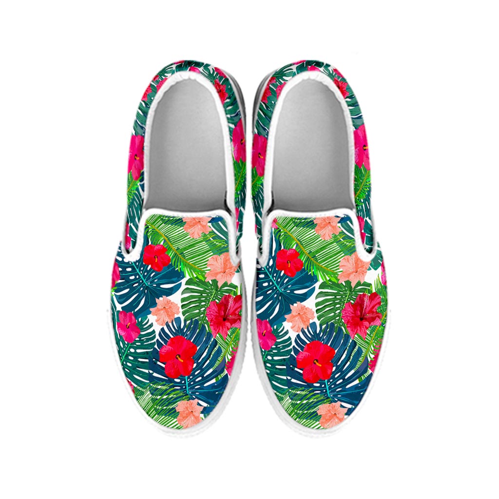 Colorful Hawaii Floral Pattern Print White Slip On Sneakers