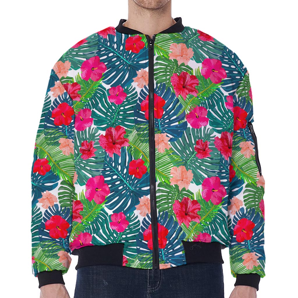 Colorful Hawaii Floral Pattern Print Zip Sleeve Bomber Jacket