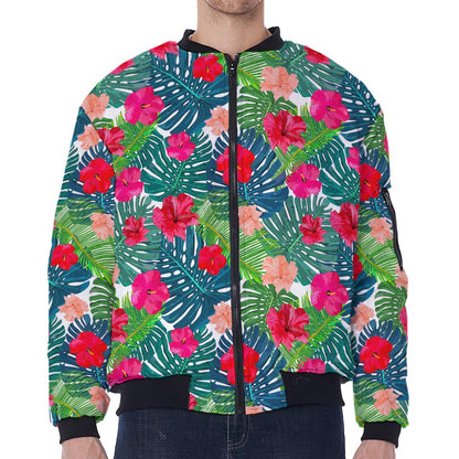 Colorful Hawaii Floral Pattern Print Zip Sleeve Bomber Jacket