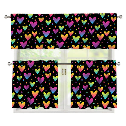 Colorful Heart Pattern Print 3 Piece Kitchen Curtains