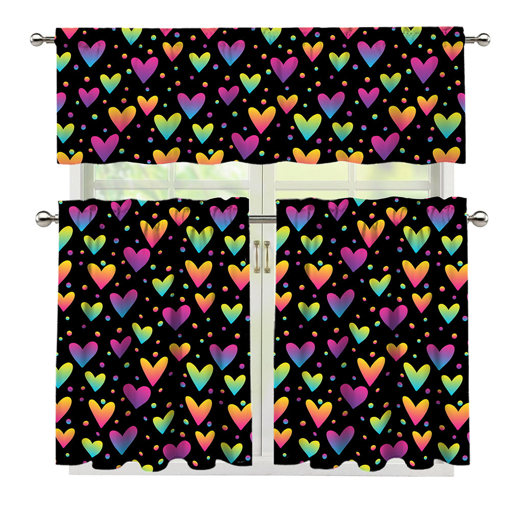 Colorful Heart Pattern Print 3 Piece Kitchen Curtains