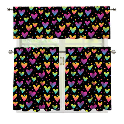 Colorful Heart Pattern Print 3 Piece Kitchen Curtains