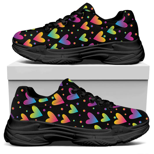 Colorful Heart Pattern Print Black Chunky Shoes