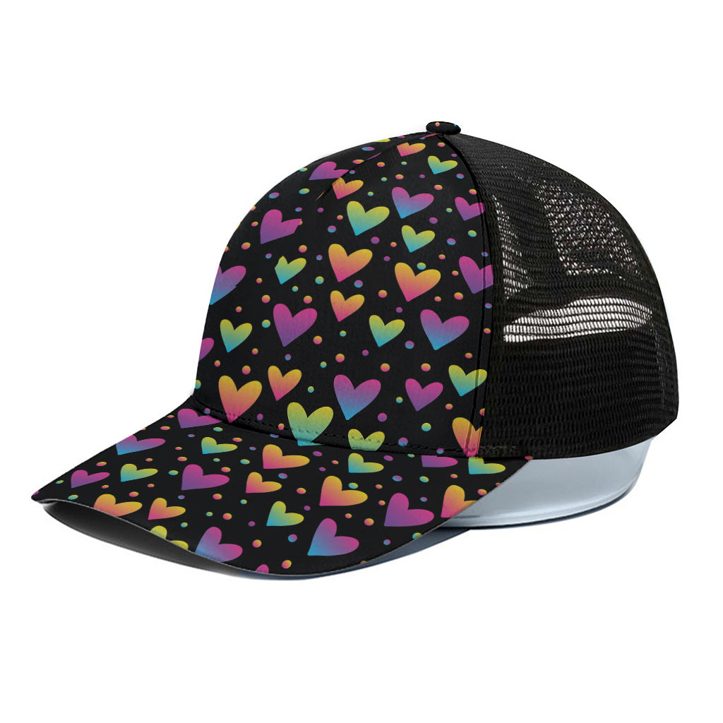 Colorful Heart Pattern Print Black Mesh Trucker Cap