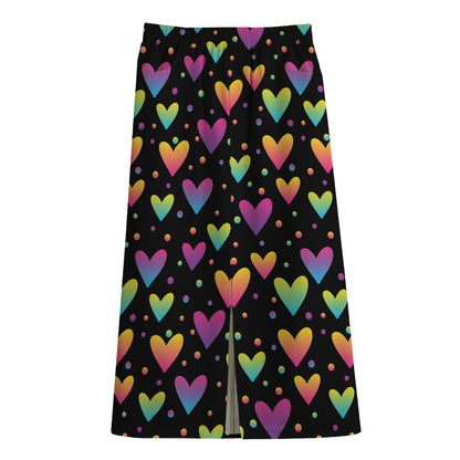 Colorful Heart Pattern Print Cotton Front Slit Maxi Skirt