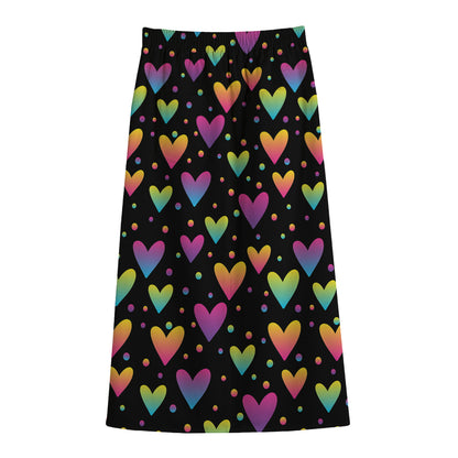 Colorful Heart Pattern Print Cotton Front Slit Maxi Skirt