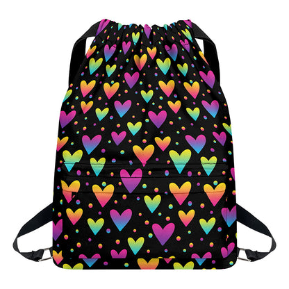 Colorful Heart Pattern Print Drawstring Backpack