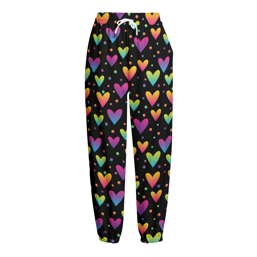 Colorful Heart Pattern Print Fleece Lined Knit Pants