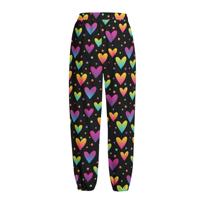 Colorful Heart Pattern Print Fleece Lined Knit Pants