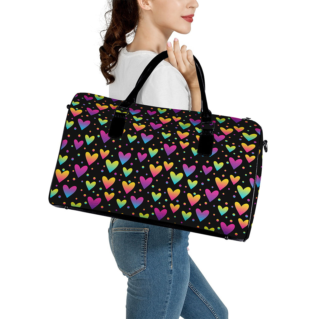 Colorful Heart Pattern Print Leather Duffle Bag
