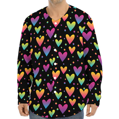 Colorful Heart Pattern Print Long Sleeve Baseball Jersey