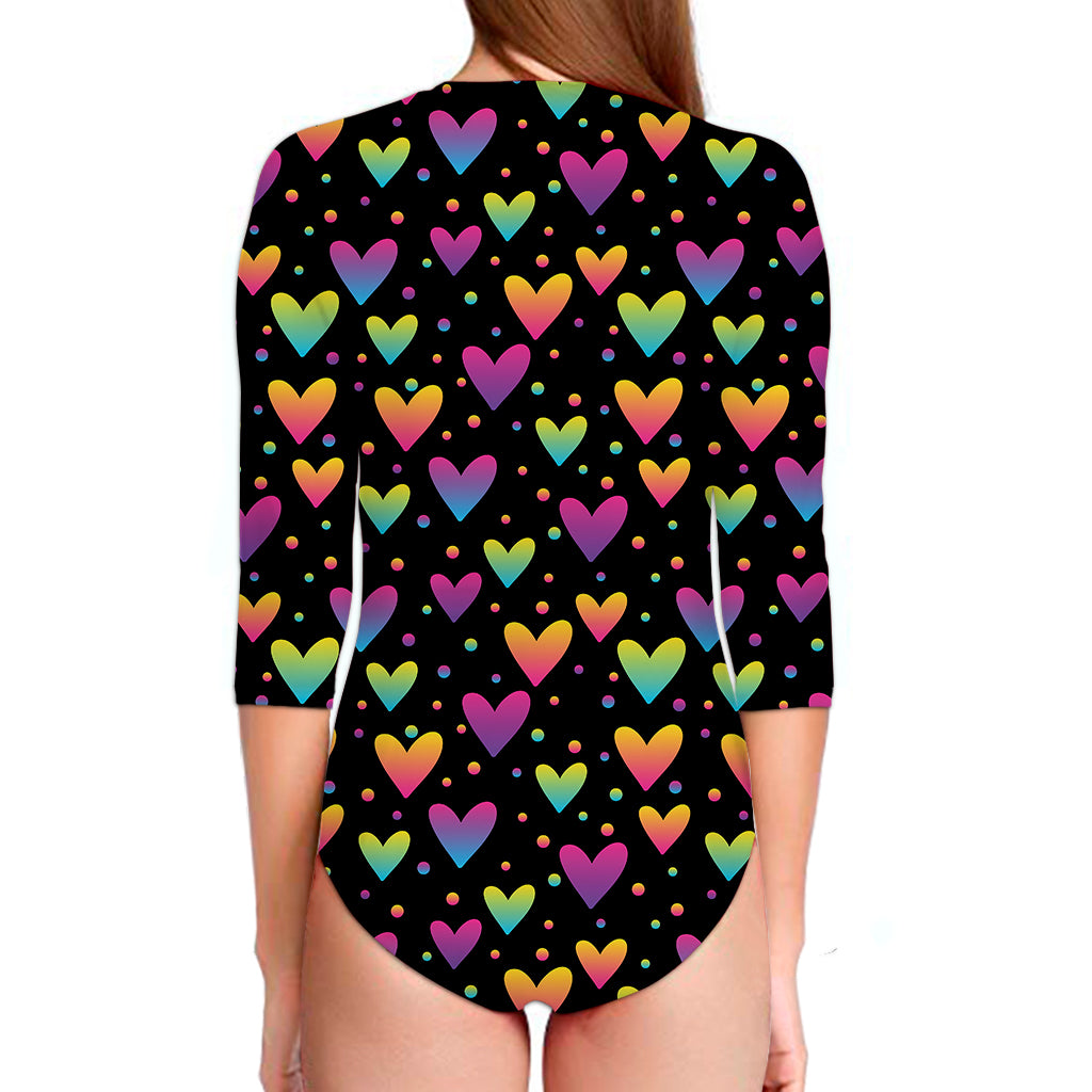 Colorful Heart Pattern Print Long Sleeve Swimsuit