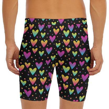 Colorful Heart Pattern Print Men's Long Boxer Briefs