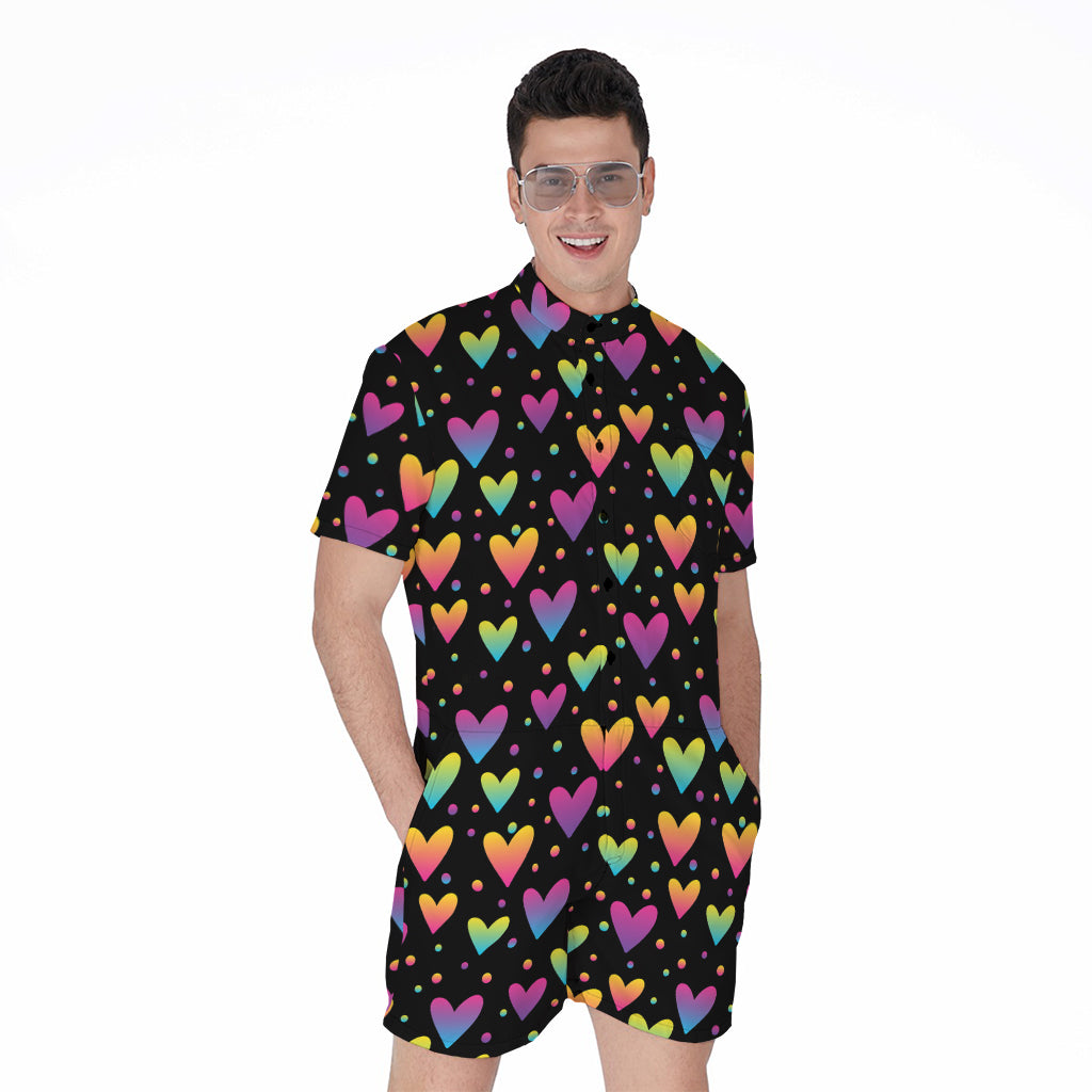 Colorful Heart Pattern Print Men's Rompers