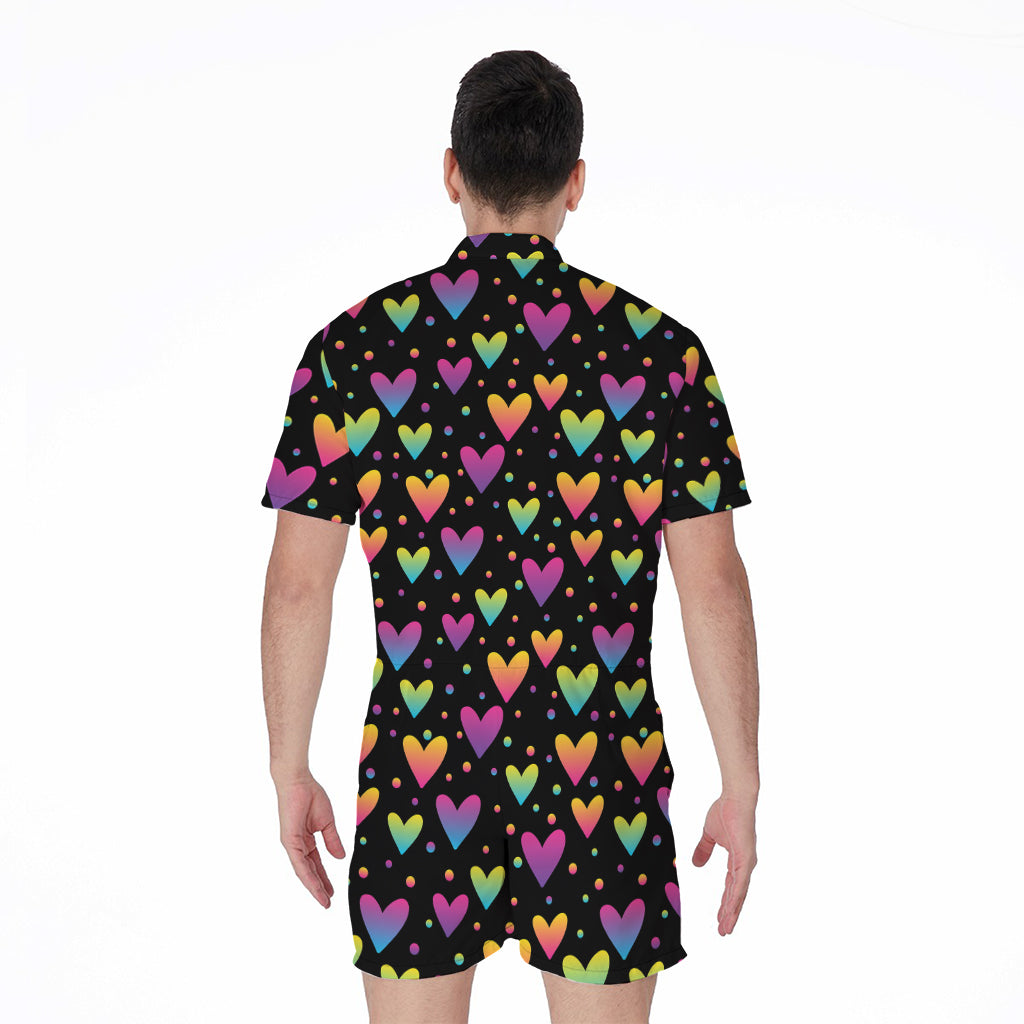 Colorful Heart Pattern Print Men's Rompers