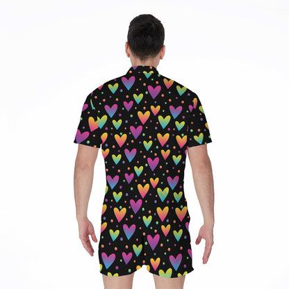 Colorful Heart Pattern Print Men's Rompers