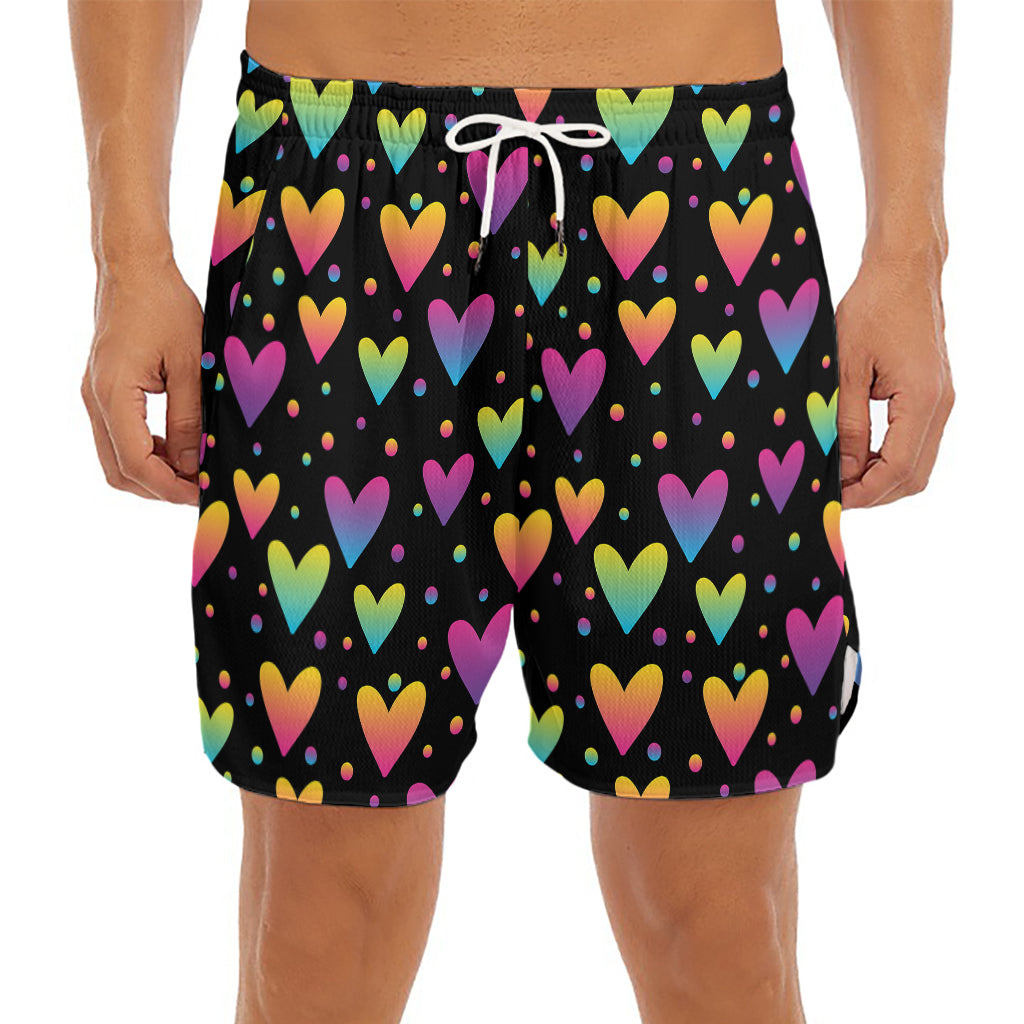 Colorful Heart Pattern Print Men's Split Running Shorts