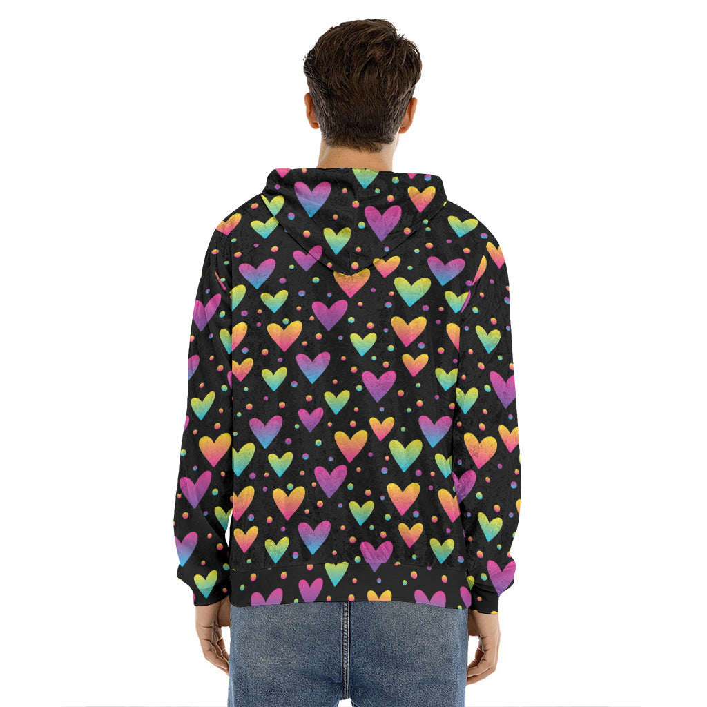 Colorful Heart Pattern Print Men's Velvet Pullover Hoodie