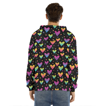 Colorful Heart Pattern Print Men's Velvet Pullover Hoodie