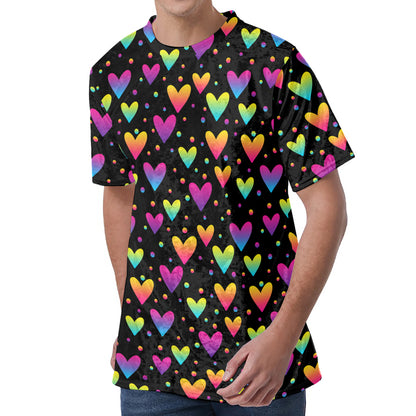 Colorful Heart Pattern Print Men's Velvet T-Shirt