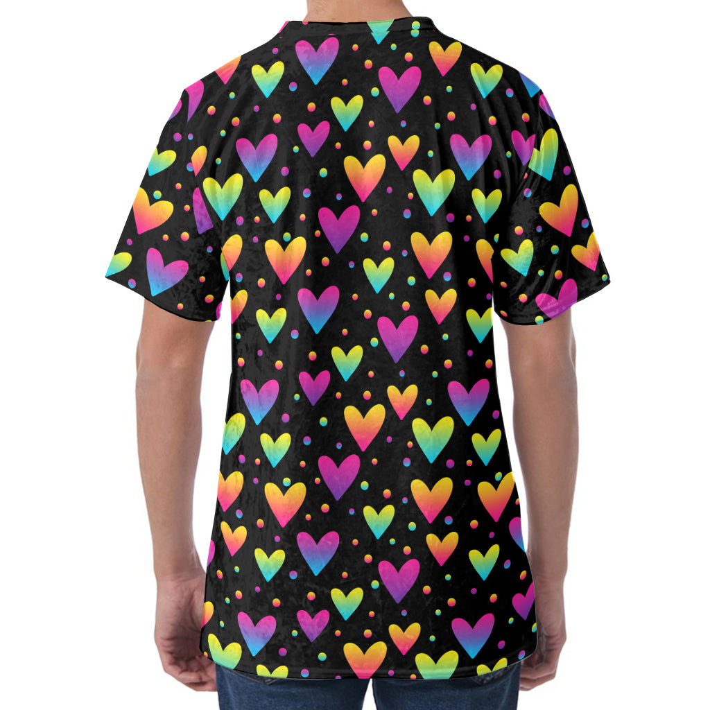 Colorful Heart Pattern Print Men's Velvet T-Shirt