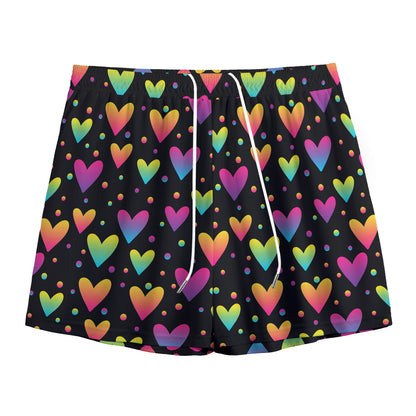 Colorful Heart Pattern Print Mesh Shorts