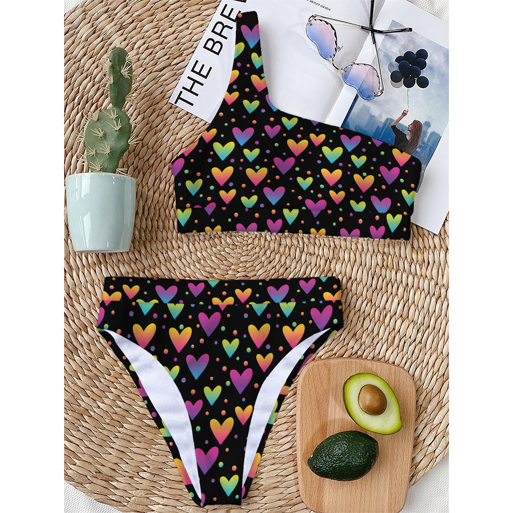 Colorful Heart Pattern Print One Shoulder Bikini Top