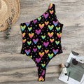 Colorful Heart Pattern Print One Shoulder Bodysuit