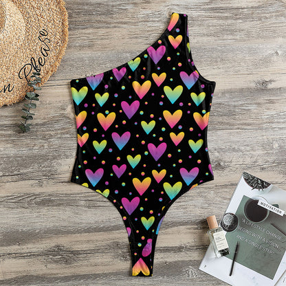 Colorful Heart Pattern Print One Shoulder Bodysuit