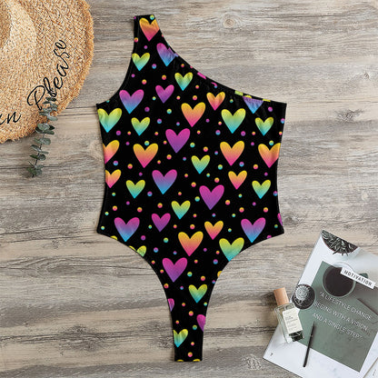 Colorful Heart Pattern Print One Shoulder Bodysuit