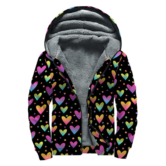 Colorful Heart Pattern Print Sherpa Lined Zip Up Hoodie