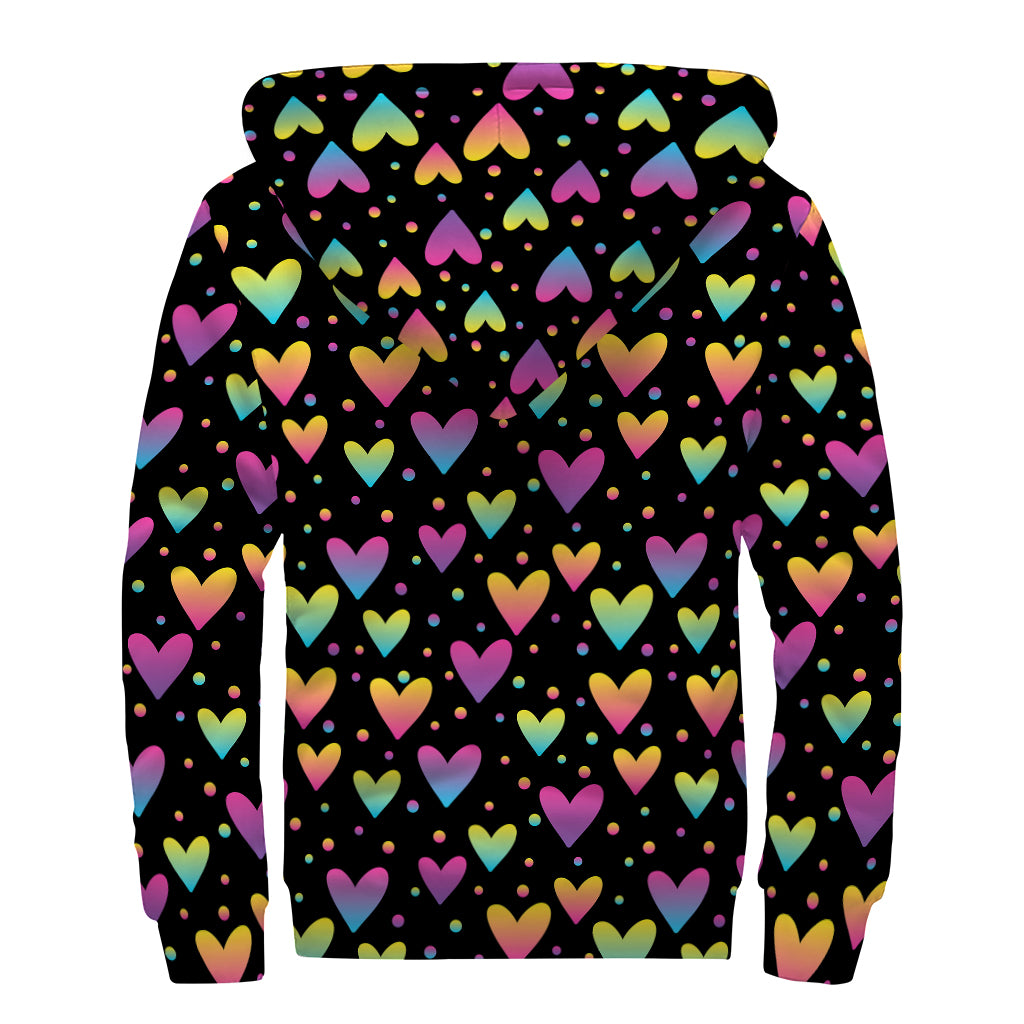 Colorful Heart Pattern Print Sherpa Lined Zip Up Hoodie