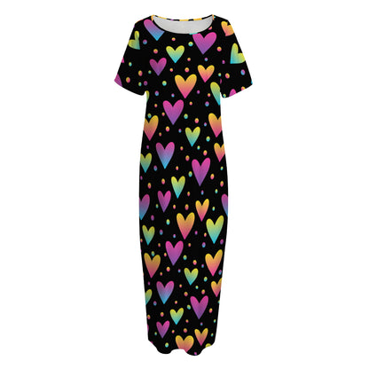 Colorful Heart Pattern Print Short Sleeve Long Nightdress