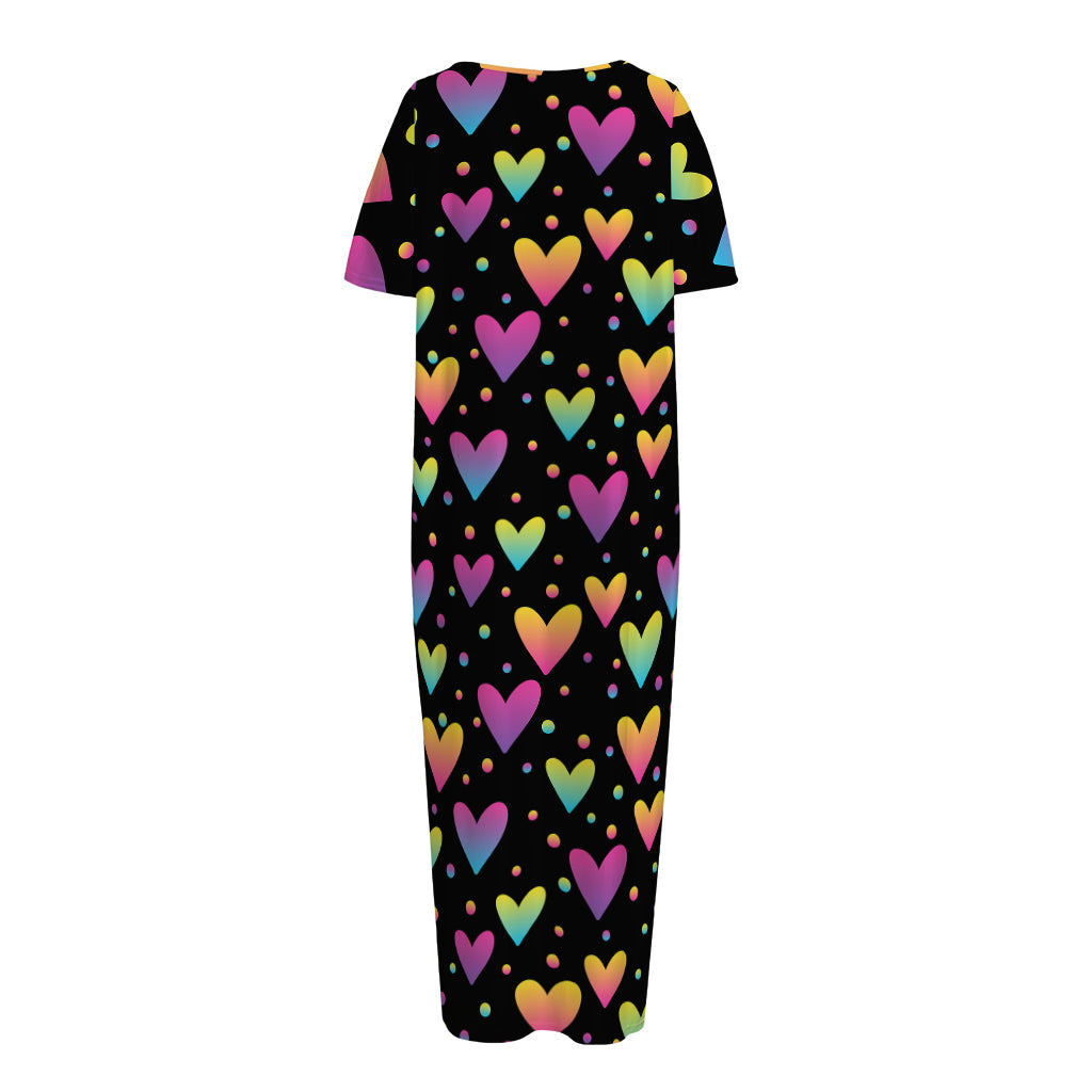 Colorful Heart Pattern Print Short Sleeve Long Nightdress