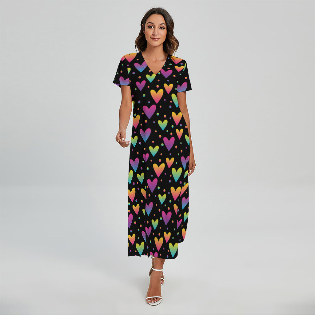 Colorful Heart Pattern Print Short Sleeve Maxi Dress