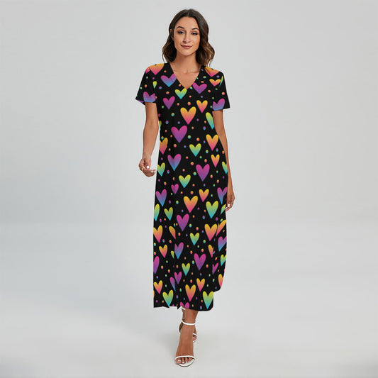 Colorful Heart Pattern Print Short Sleeve Maxi Dress