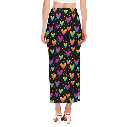 Colorful Heart Pattern Print Side Slit Maxi Skirt