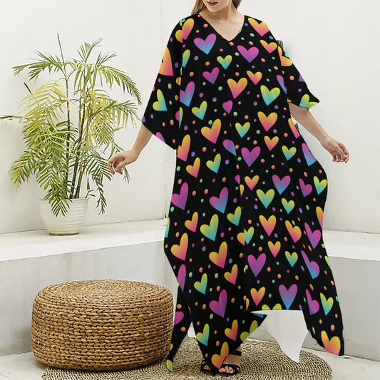 Colorful Heart Pattern Print Silk V-Neck Kaftan Dress
